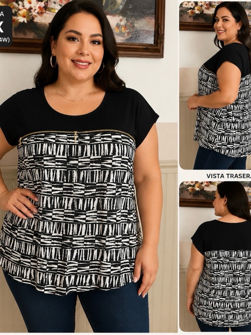 Calvin Klein Women's Black & White
Printed Zip Accent Blouse plus size 3X
